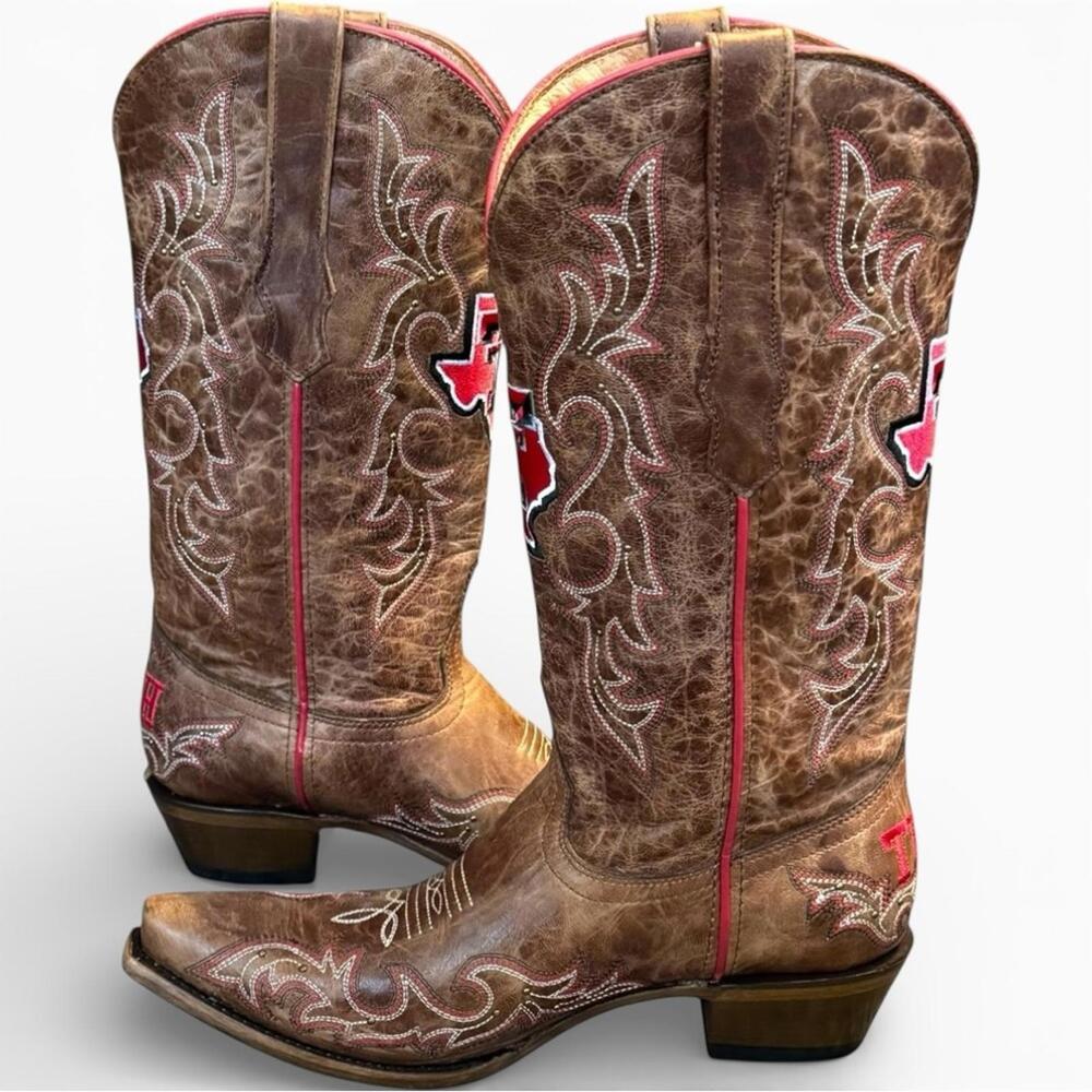 NWT Vaccari Texas Tech Red Raiders Leather Cowboy Boots Gameday Brown 10 - Picture 3 of 9